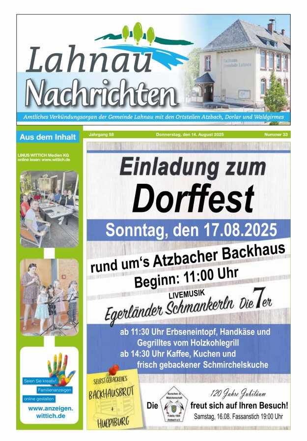 Lahnau Nachrichten Titelblatt 33/2025