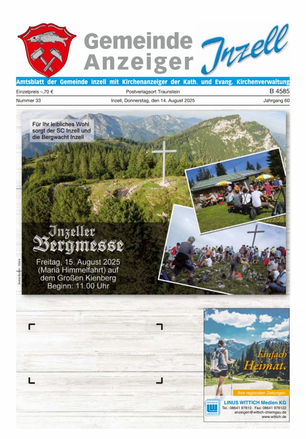 Gemeindeanzeiger Inzell Titelblatt 33/2025