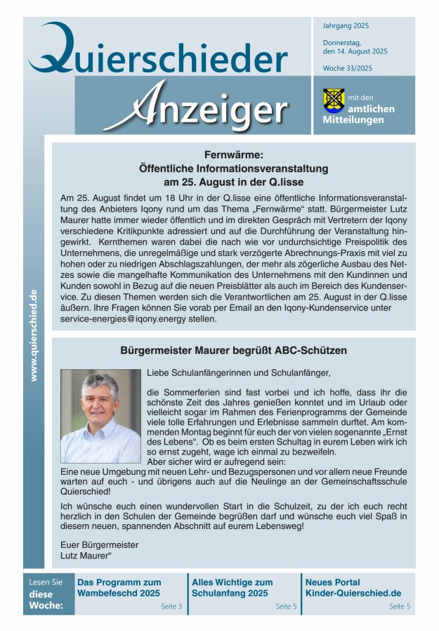 Quierschieder Anzeiger Titelblatt 33/2025