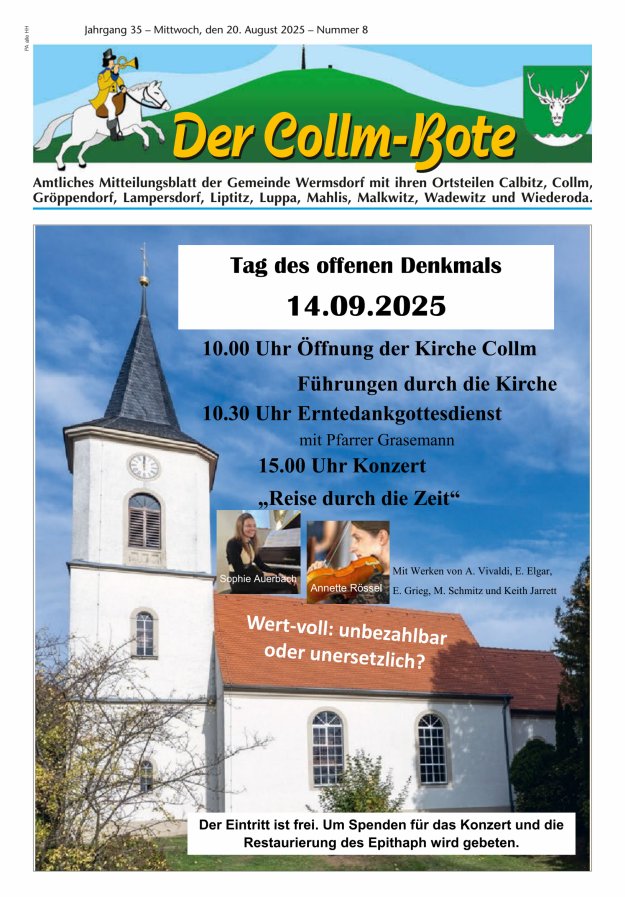 Collm-Bote – Amtliches Mitteilungsblatt der Gemeinde Wermsdorf mit ihren Ortsteilen Titelblatt 08/2025
