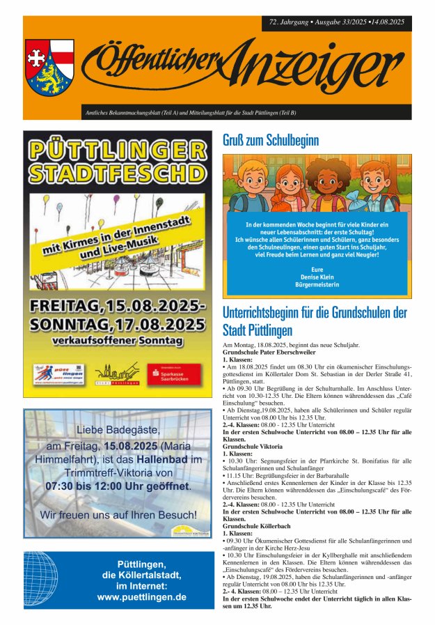 Öffentlicher Anzeiger - Stadt Püttlingen Titelblatt 33/2025