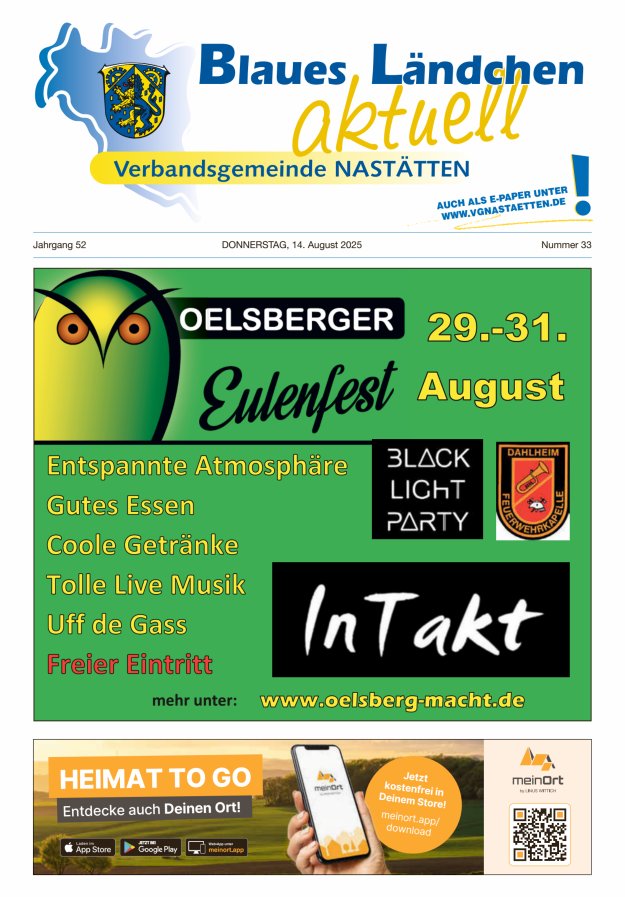 Blaues Ländchen aktuell - Heimat- u Bürgerzeitung VG Nastätten Titelblatt 33/2025