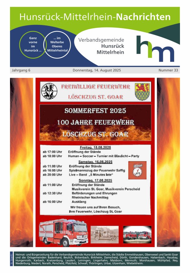 Hunsrück-Mittelrhein Nachrichten Ausgabe St Goar Oberwesel Titelblatt 33/2025
