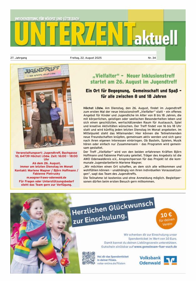 Unterzent aktuell Wochenzeitung für Höchst und Lützelbach Titelblatt 34/2025