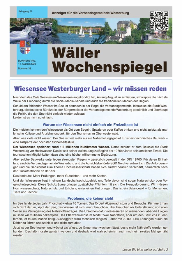 Wäller Wochenspiegel - Anzeiger für die Verbandsgemeinde Westerburg Titelblatt 33/2025