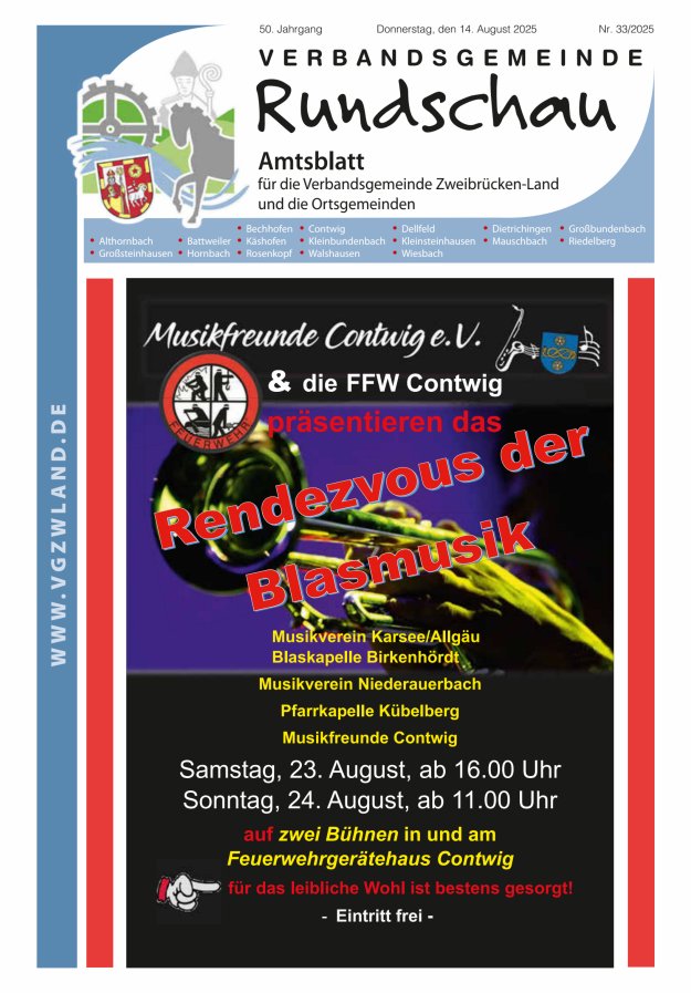 Verbandsgemeinde Rundschau Zweibrücken-Land Titelblatt 33/2025