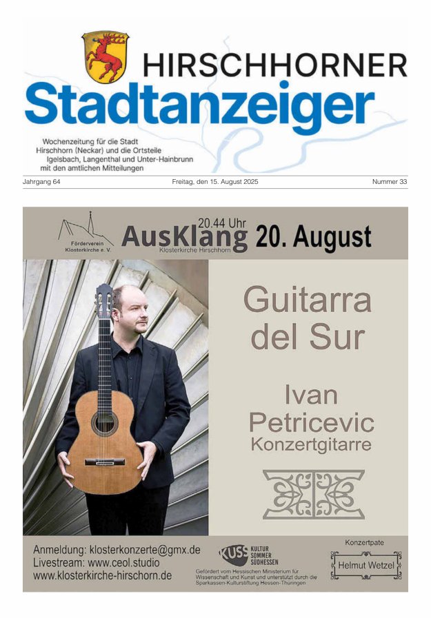 Hirschhorner Stadtanzeiger Titelblatt 33/2025