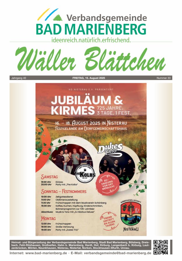Wäller Blättchen - Verbandsgemeinde Bad Marienberg Titelblatt 33/2025
