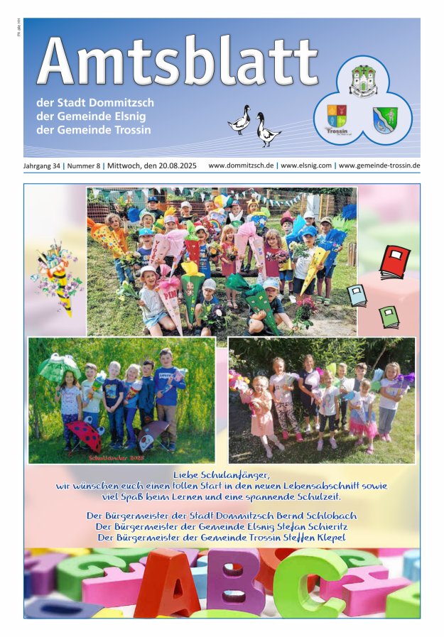 Dommitzsch Info - Amtsblatt der Stadt Dommitzsch der Gemeinden Elsnig und Trossin Titelblatt 08/2025