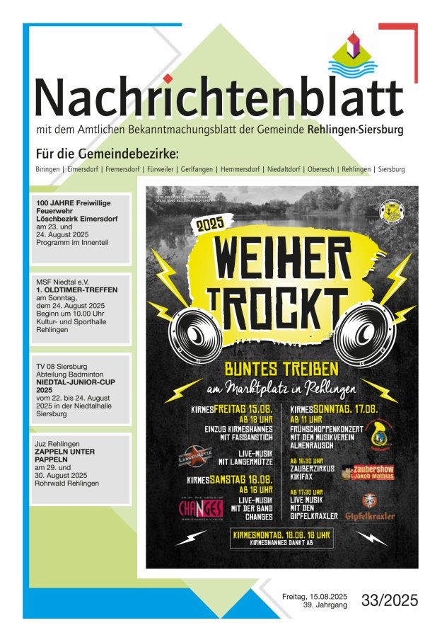 Nachrichtenblatt Rehlingen-Siersburg Titelblatt 33/2025