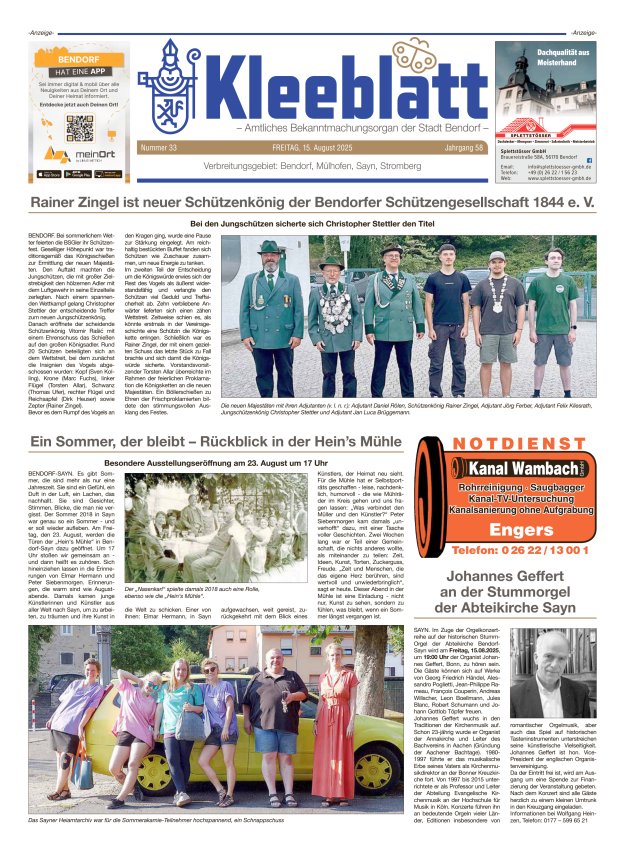 Kleeblatt - Amtliches Bekanntmachungsorgan der Stadt Bendorf Titelblatt 33/2025