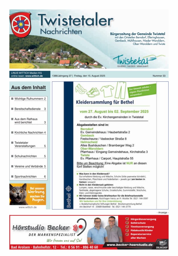 Twistetaler Nachrichten Titelblatt 33/2025