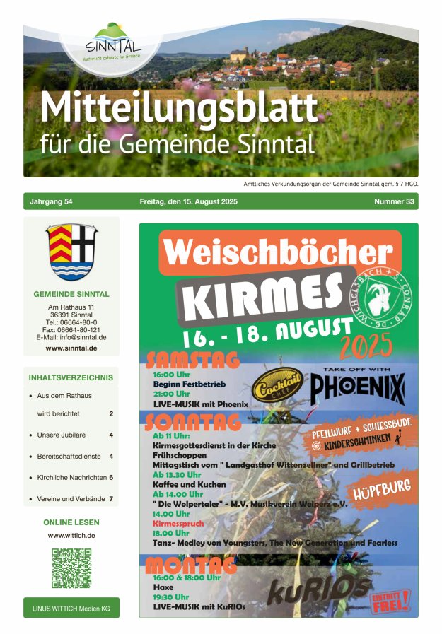 Mitteilungsblatt für die Gemeinde Sinntal Titelblatt 33/2025