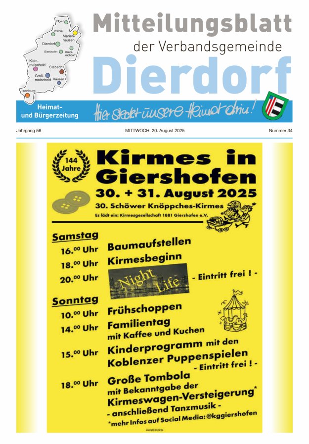 Mitteilungsblatt der Verbandsgemeinde Dierdorf Titelblatt 34/2025