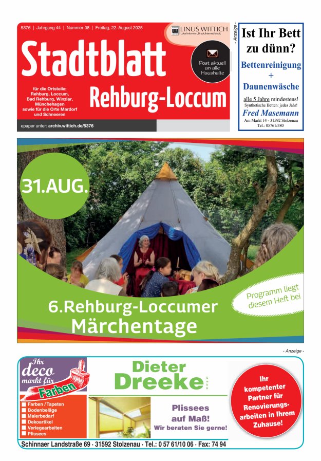 Stadtblatt Rehburg-Loccum Titelblatt 08/2025