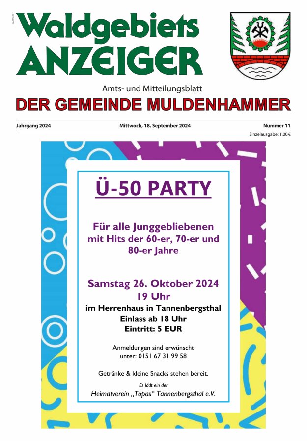 Waldgebietsanzeiger der Gemeinde Muldenhammer Titelblatt 11/2024