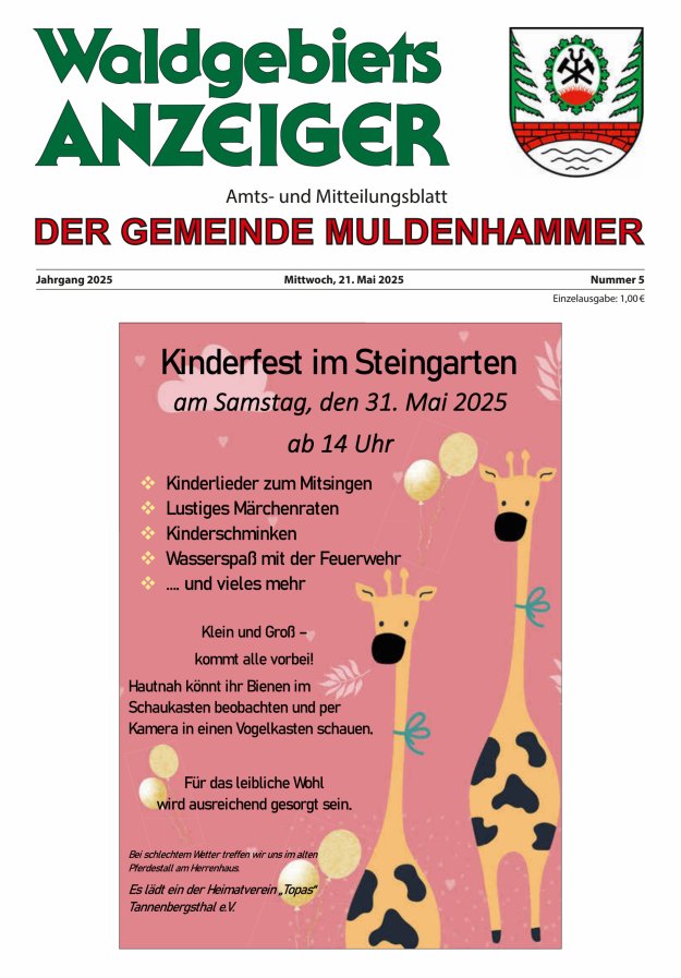 Waldgebietsanzeiger der Gemeinde Muldenhammer Titelblatt 05/2025
