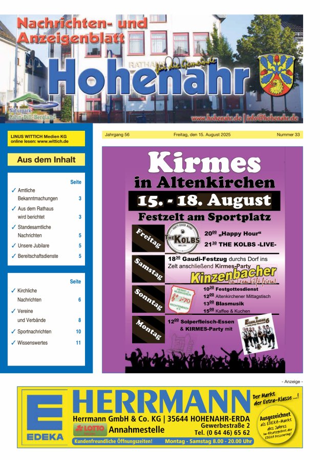 Nachrichten- und Anzeigenblatt für die Gemeinde Hohenahr Titelblatt 33/2025