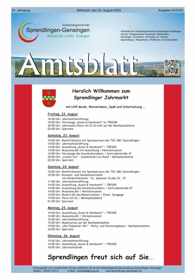 Amtsblatt VG Sprendlingen-Gensingen Titelblatt 34/2025