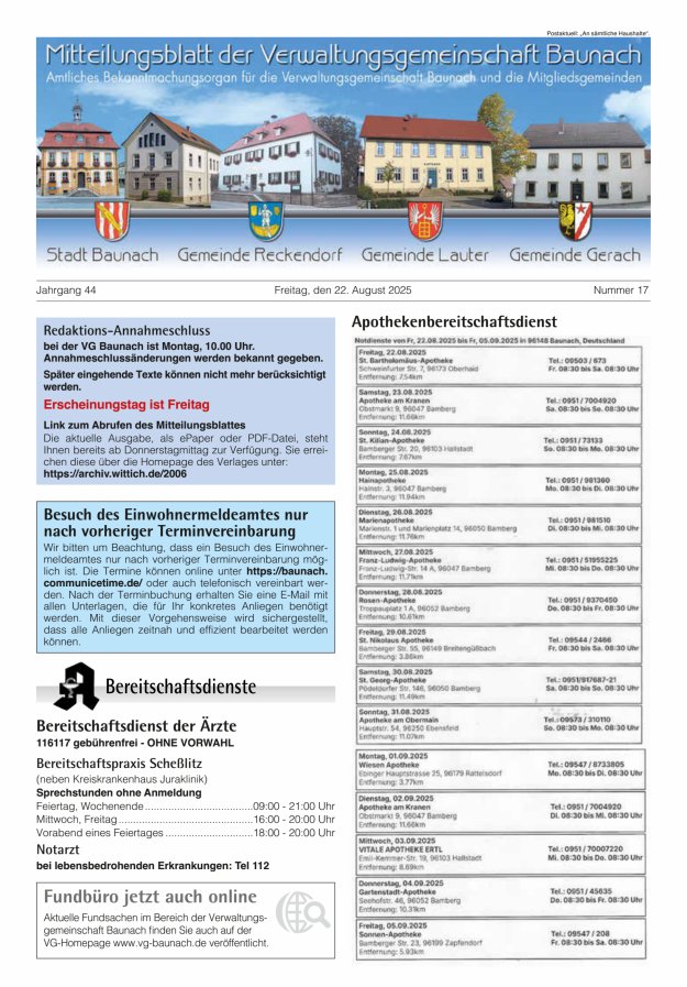 Mitteilungsblatt Verwaltungsgemeinschaft Baunach Titelblatt 17/2025
