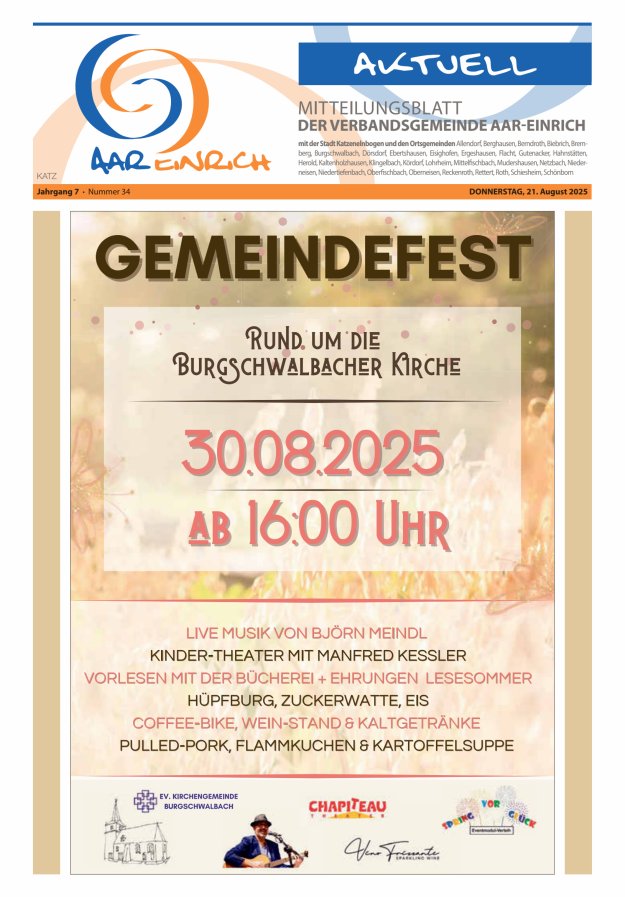 Mitteilungsblatt der Verbandsgemeinde Aar-Einrich Ausgabe Katzenelnbogen Titelblatt 34/2025