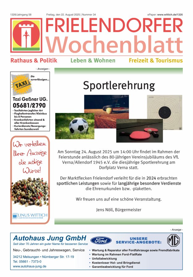 Frielendorfer Wochenblatt Titelblatt 34/2025