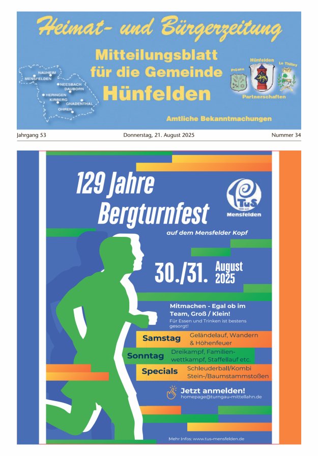 Mitteilungsblatt für die Gemeinde Hünfelden Titelblatt 34/2025