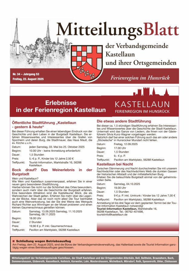 Mitteilungsblatt Kastellaun Titelblatt 34/2025
