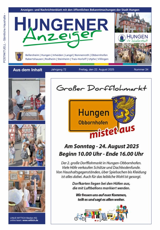 Anzeigen- und Nachrichtenblatt mit den öff  Bekanntmachungen der Stadt Hungen Titelblatt 34/2025
