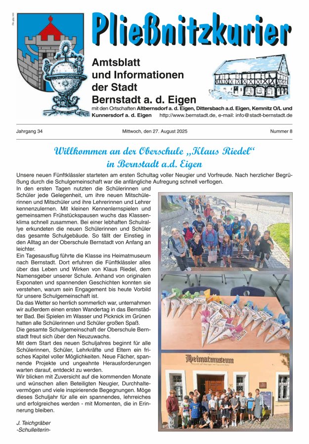 Pließnitzkurier – Amtsblatt und Informationen der Stadt Bernstadt a. d. Eigen Titelblatt 08/2025