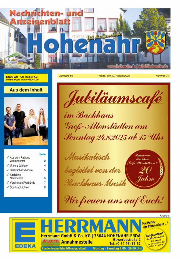 Nachrichten- und Anzeigenblatt für die Gemeinde Hohenahr Titelblatt 34/2025