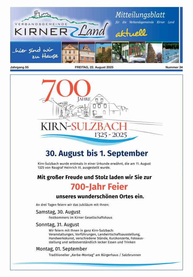 Mitteilungsblatt für den Bereich der Verbandsgemeinde Kirner Land Titelblatt 34/2025