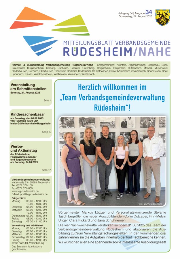 Mitteilungsblatt Verbandsgemeinde Rüdesheim und zugehörige Ortsgemeinden Titelblatt 34/2025