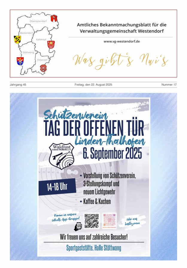 Was gibt's Nui's Amtliches Bekanntmachungsblatt für die VG Westendorf Titelblatt 17/2025