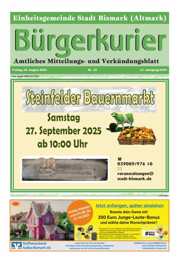 Bürgerkurier der Einheitsgemeinde Stadt Bismark (Altmark) Titelblatt 07/2025