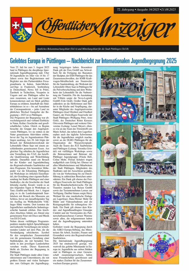 Öffentlicher Anzeiger - Stadt Püttlingen Titelblatt 34/2025