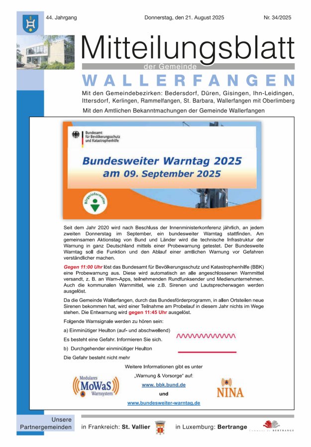 Mitteilungsblatt Gemeinde Wallerfangen Titelblatt 34/2025