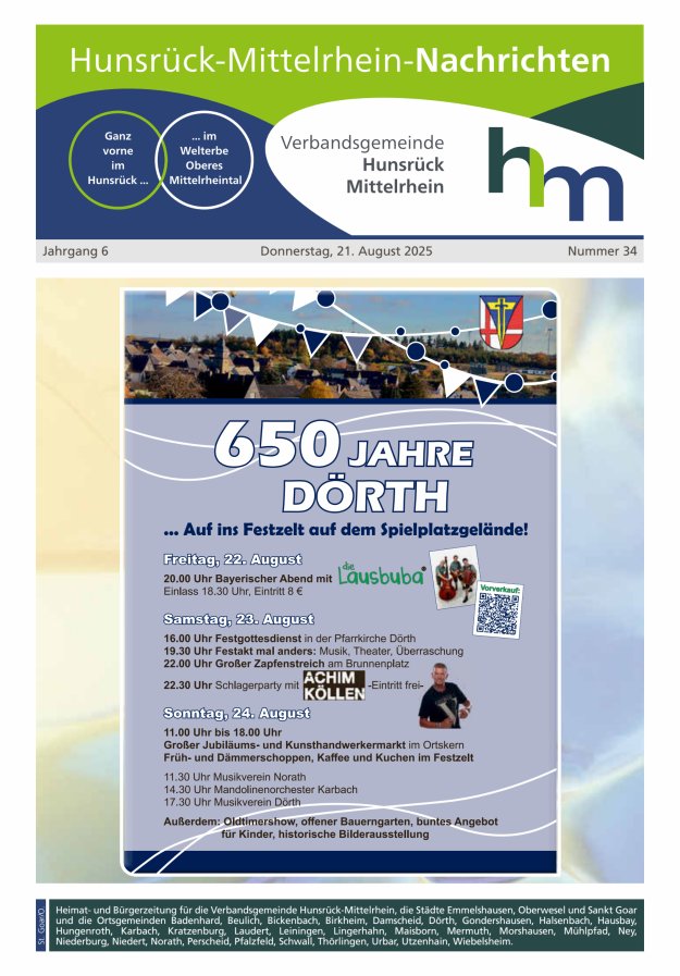 Hunsrück-Mittelrhein Nachrichten Ausgabe St Goar Oberwesel Titelblatt 34/2025