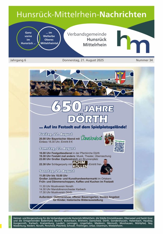 Hunsrück-Mittelrhein Nachrichten Ausgabe Emmelshausen Titelblatt 34/2025