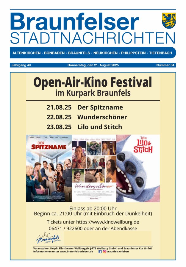 Braunfelser Stadtnachrichten Titelblatt 34/2025