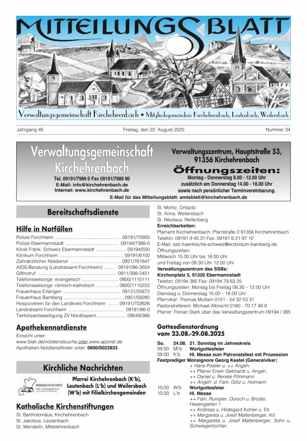Mitteilungsblatt Verwaltungsgemeinschaft Kirchehrenbach Titelblatt 34/2025