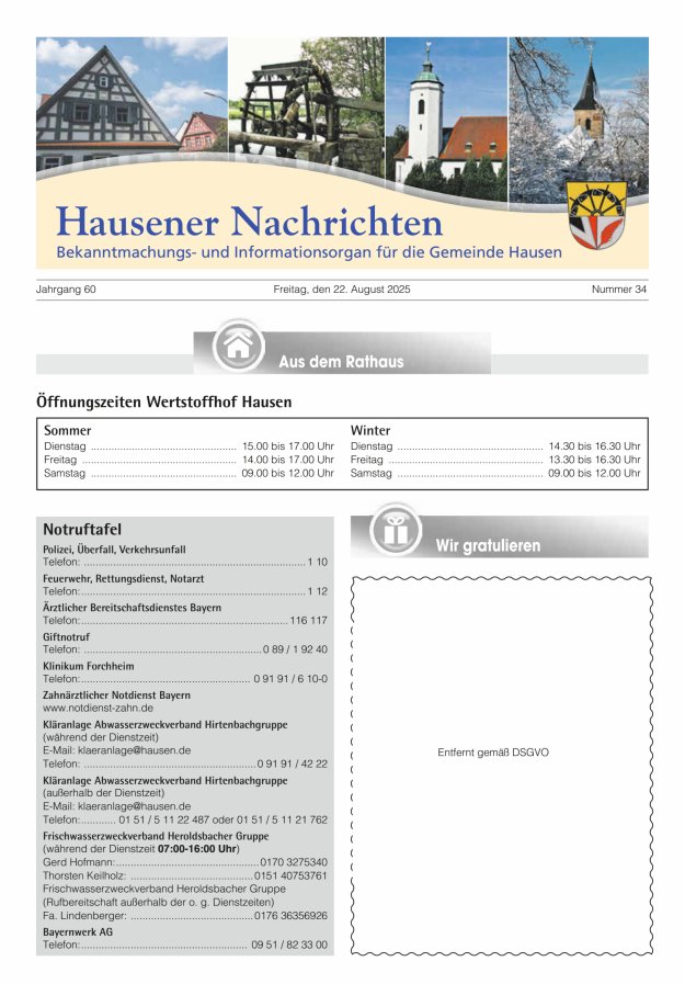 Hausener Nachrichten Titelblatt 34/2025