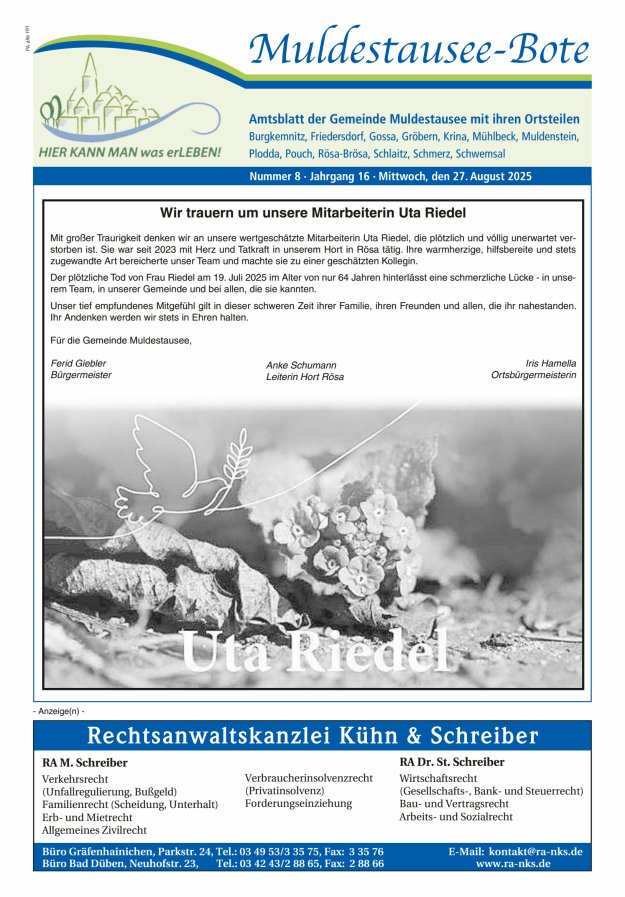 Muldestausee-Bote – Amtsblatt der Gemeinde Muldestausee mit ihren Ortsteilen Titelblatt 08/2025