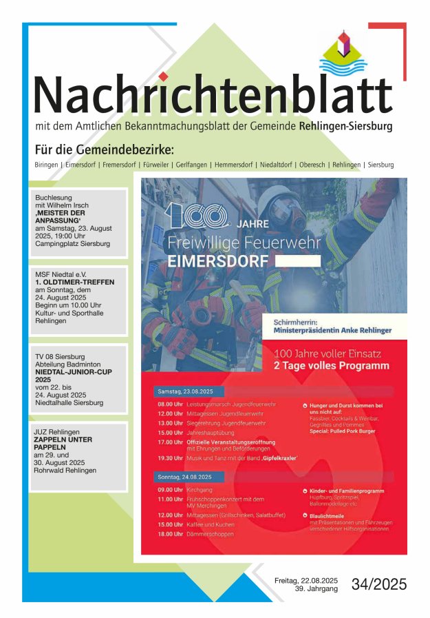 Nachrichtenblatt Rehlingen-Siersburg Titelblatt 34/2025