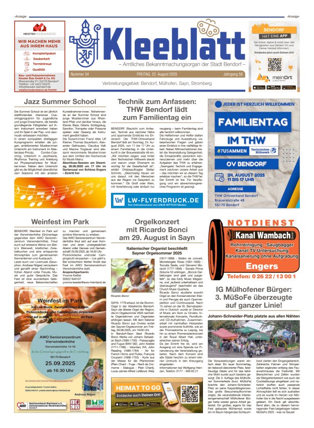 Kleeblatt - Amtliches Bekanntmachungsorgan der Stadt Bendorf Titelblatt 34/2025
