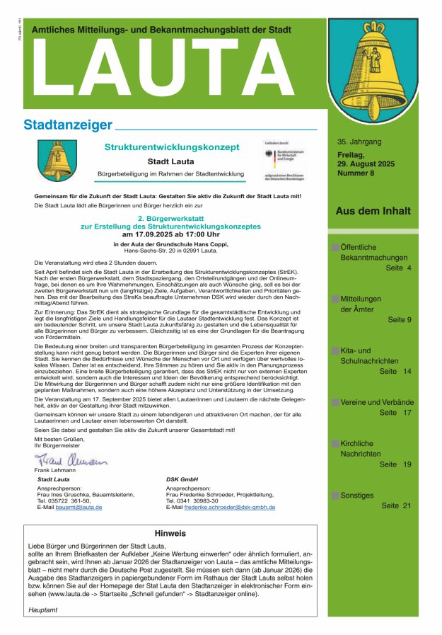 Amtliches Mitteilungs- und Bekanntmachungsblatt der Stadt Lauta - Stadtanzeiger Titelblatt 08/2025