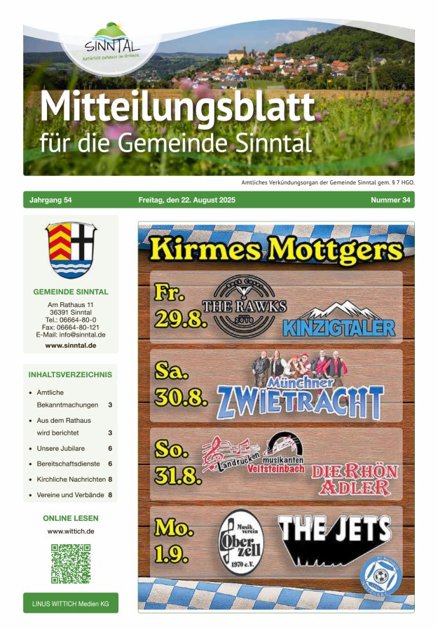 Mitteilungsblatt für die Gemeinde Sinntal Titelblatt 34/2025