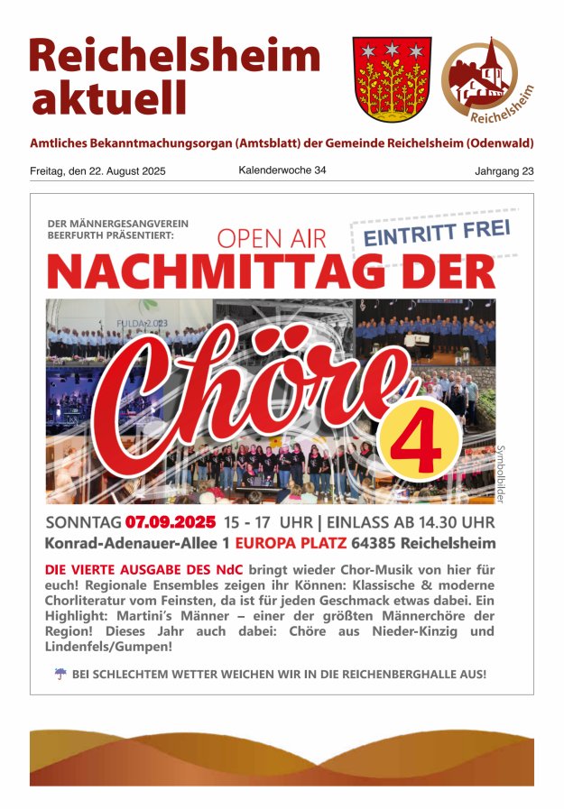 Reichelsheim aktuell - Amtsblatt der Gemeinde Reichelsheim(Odenwald) Titelblatt 34/2025