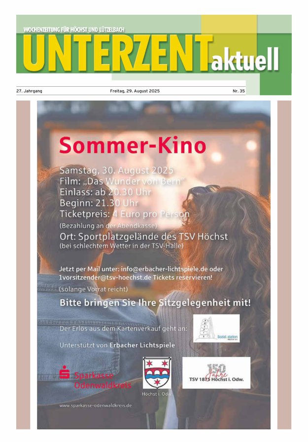 Unterzent aktuell Wochenzeitung für Höchst und Lützelbach Titelblatt 35/2025