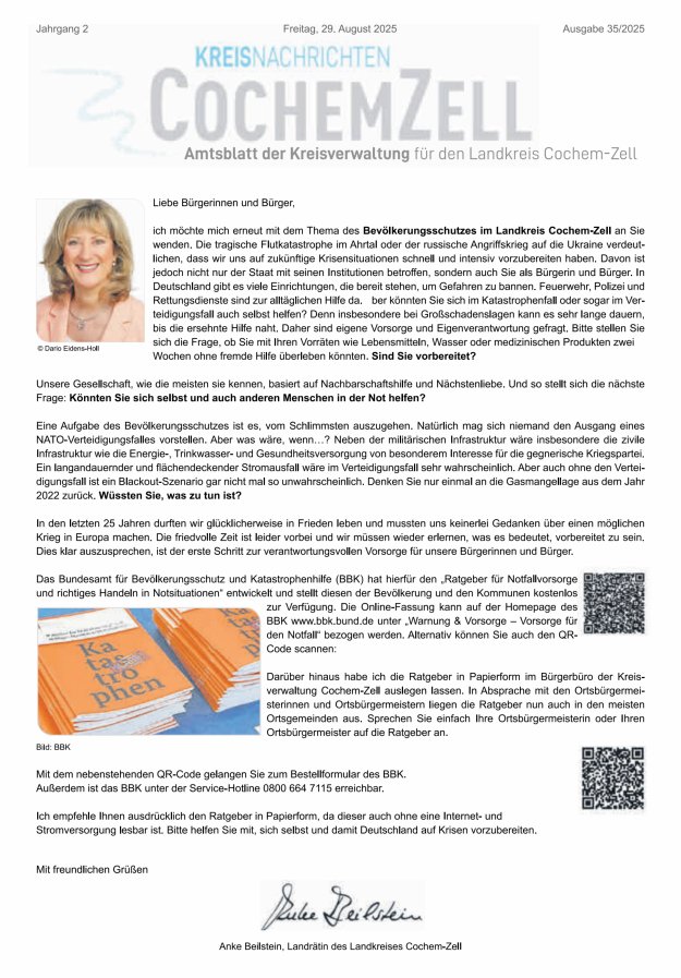 Kreisnachrichten Cochem-Zell Titelblatt 35/2025